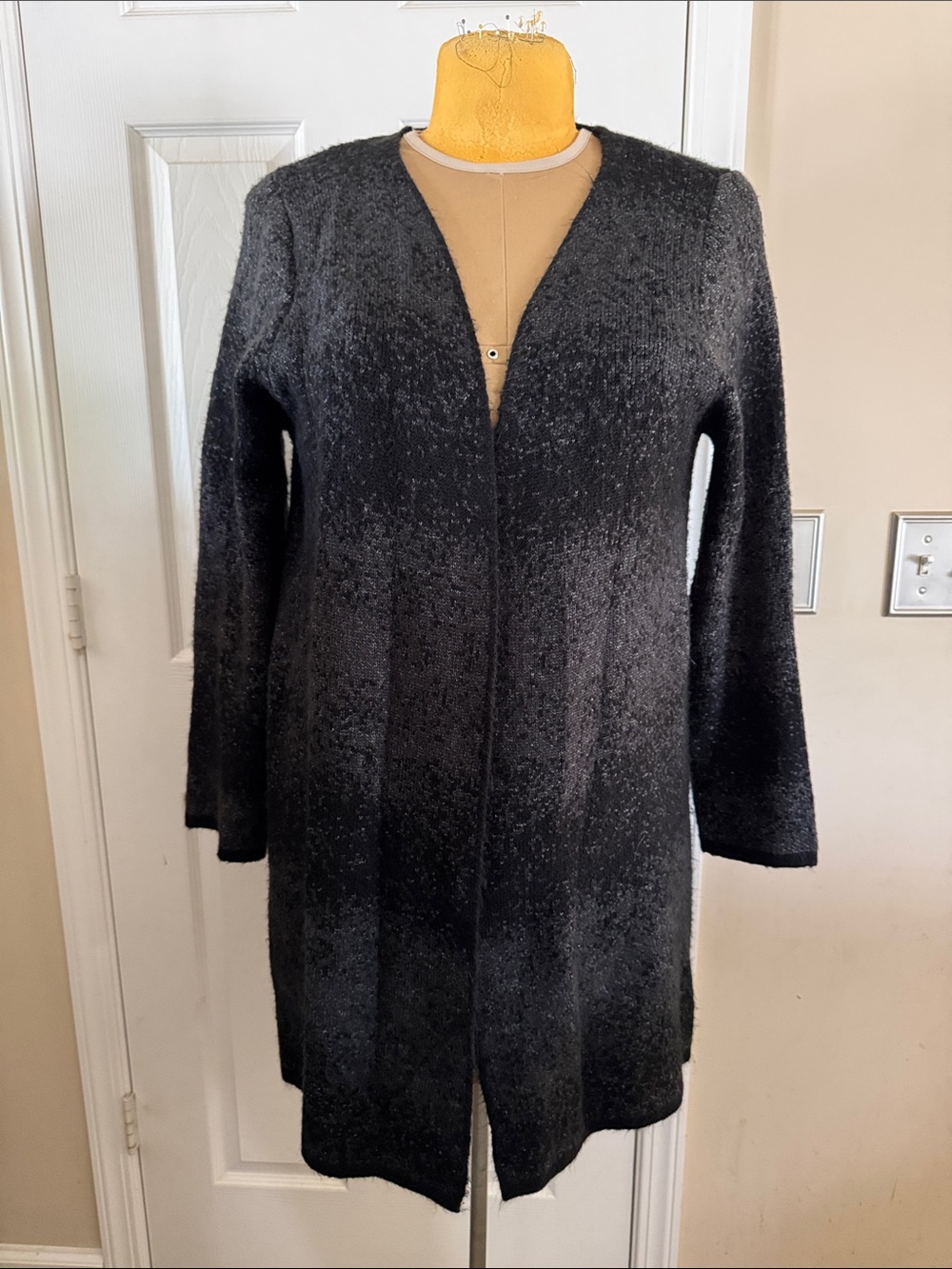 Long Open-Front Black Knit Cardigan